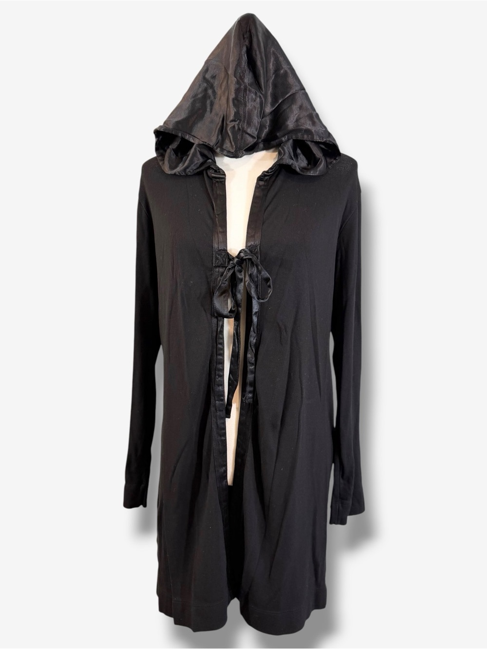 PJ Harlow Black Satin Hood Robe Size M Ribbed T-Shirt Knit Mid Length Tie Front